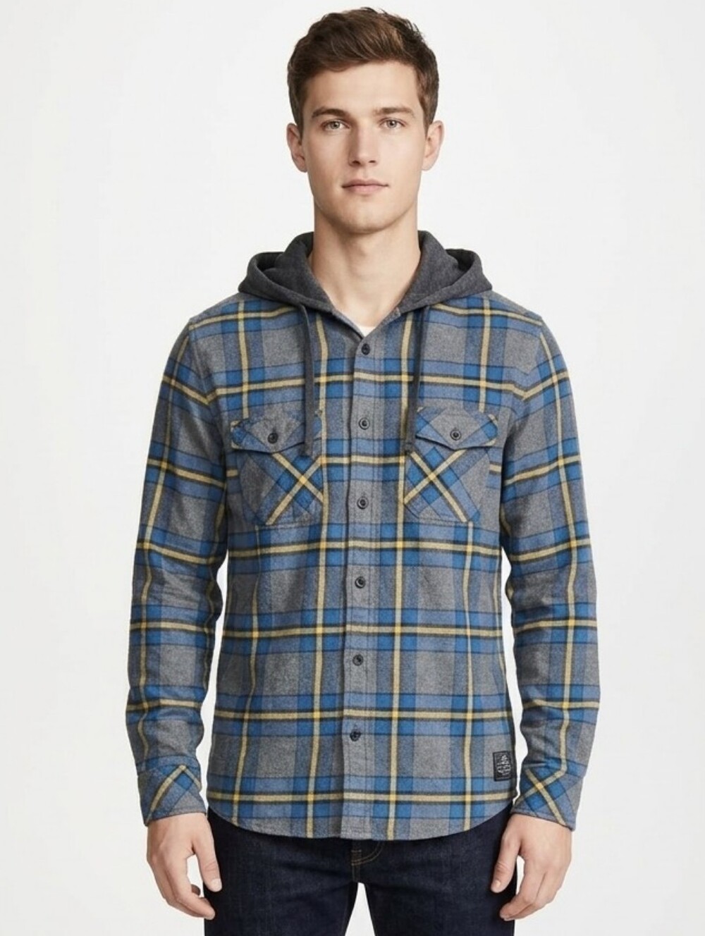 Quiksilver Mens Hooded Flannel Shirt Blue Yellow Plaid Modern Fit Size Large